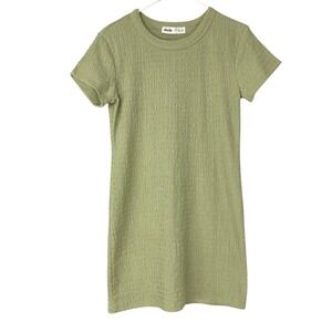 Elodie Sage Green Textured T-Shirt Mini Dress L Pullover Crew Neck Short Sleeve